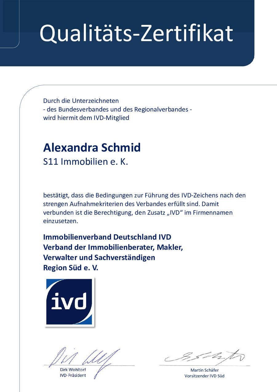IVD Qualitäts-Zertifikat für Alexandra Schmid, S11 Immobilien e. K., ausgestellt vom Immobilienverband Deutschland IVD, Region Süd e. V.